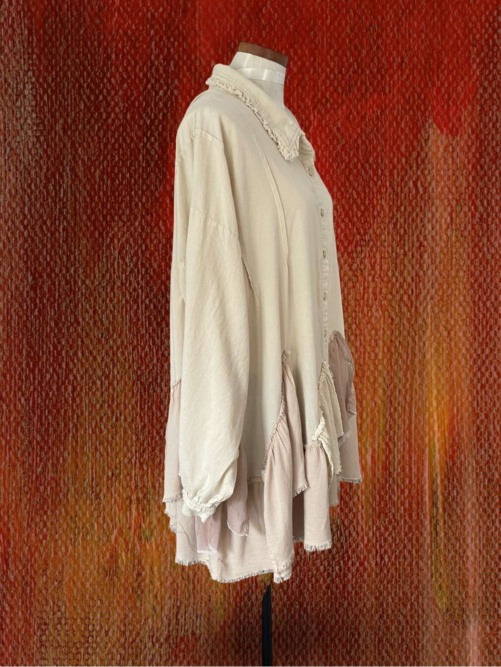 Oli & Hali Mixed Media Boho Distressed Ruffle Shacket Jacket Beige Pink Sz XL - Picture 4 of 8